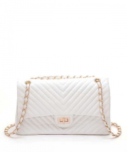 Chevron Quilted Convertible Turn Lock Shoulder Bag 6178 WHITE